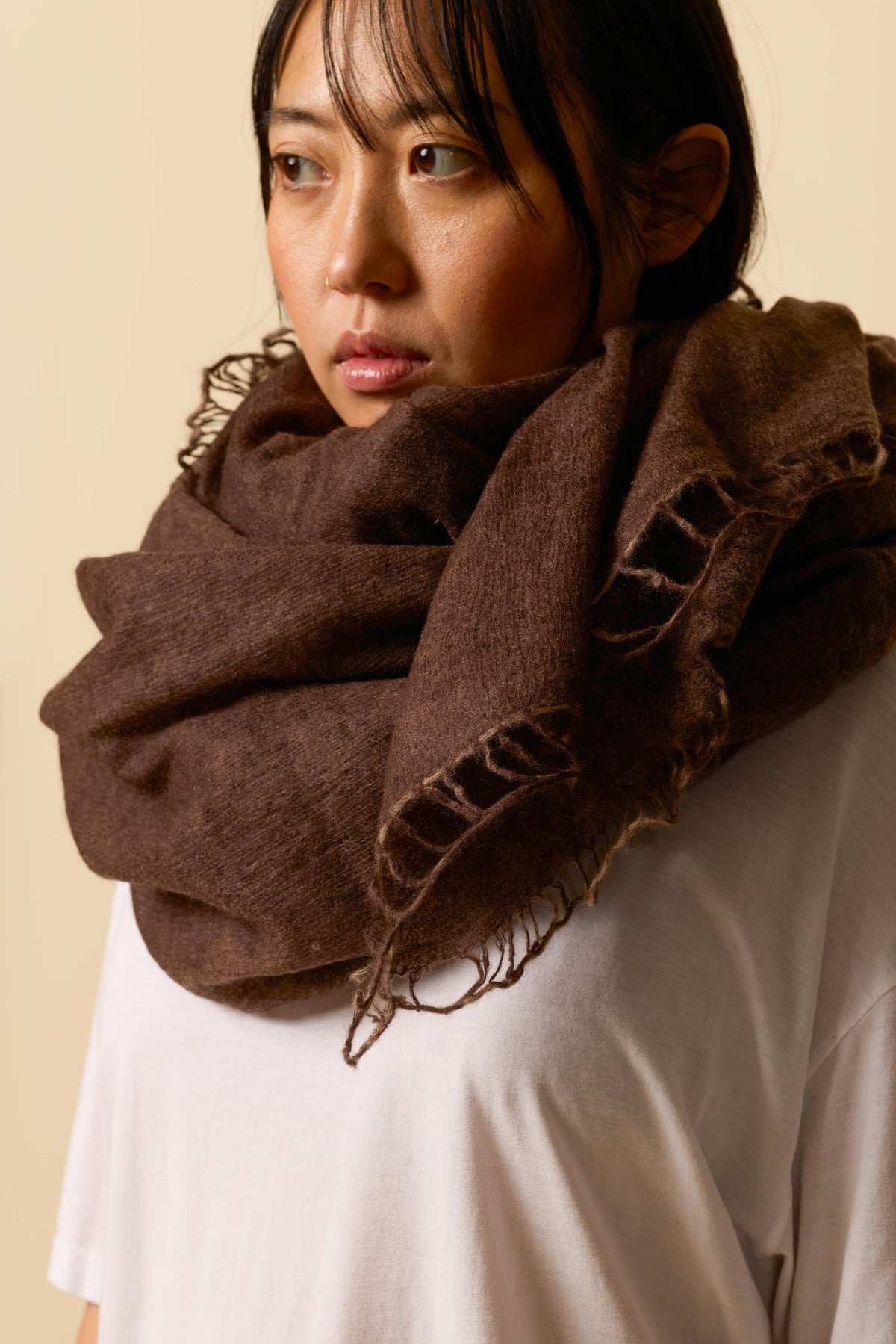 Nomad Scarf Flat Dye worn – large cashmere scarf by WARM ME